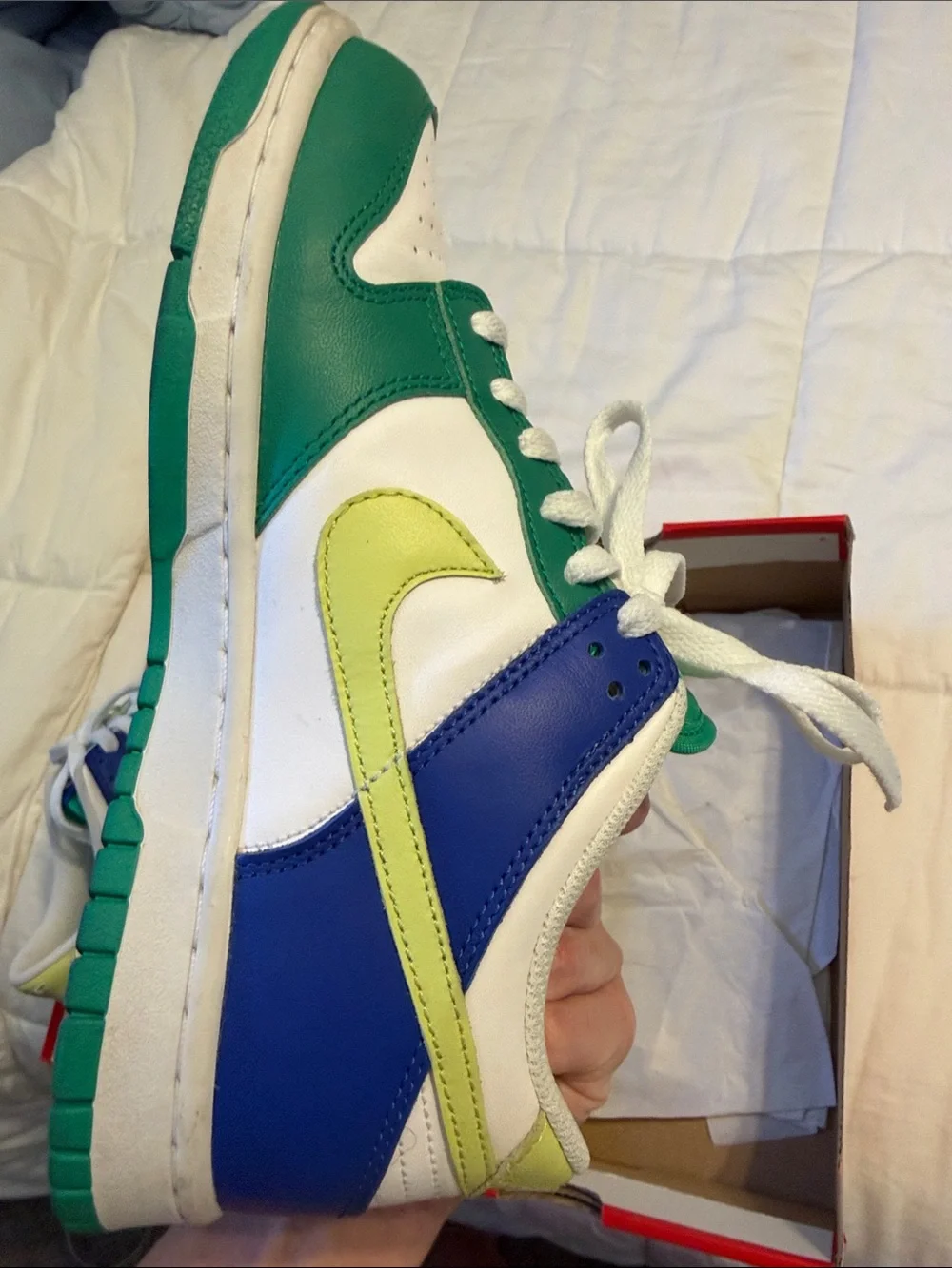 Kids Nike dunks Green Blue White Sneakers with Lime Swoosh size 6.5